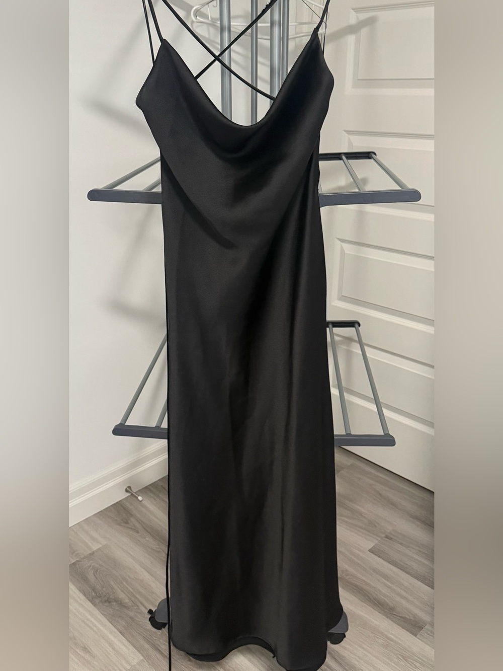 Zara Black Satin Backless Slip Dress with Crisscross Straps
